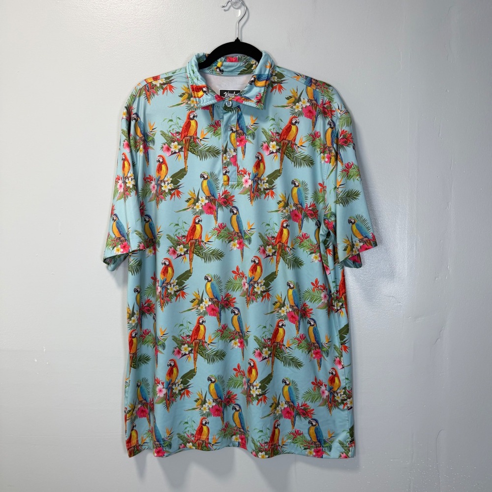 Waggle Golf Polo Shirt Mens XL Blue Parrot Tropical Floral Short Sleeve - Picture 2 of 6